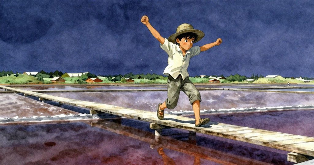 凱倫正從木製欄杆飛躍到鹽田上，動作流暢，背景廣闊，充滿期待與寧靜的氣氛