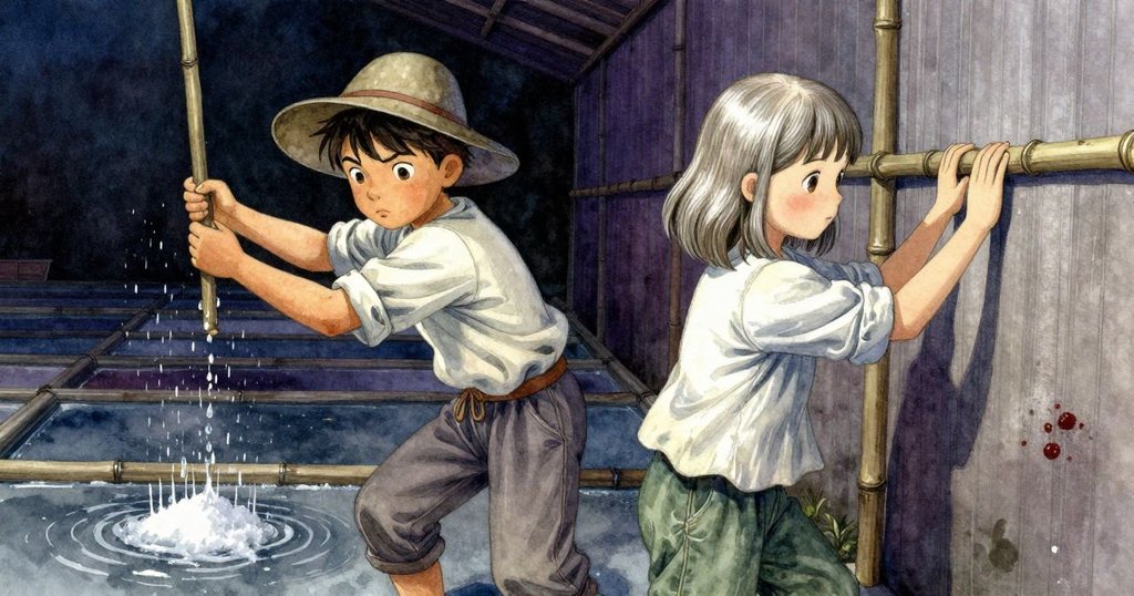 水滴在鹽田上擴散出完美圓環，竹竿輕敲牆面，畫面細節清晰，展現溫柔對比韻律