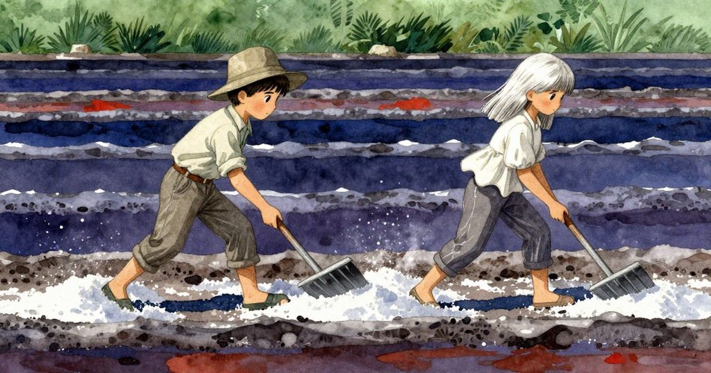 凱倫與奧柏肩並肩工作，揮動木耙，鹽田回應著脆響，兩人神情專注且互動自然