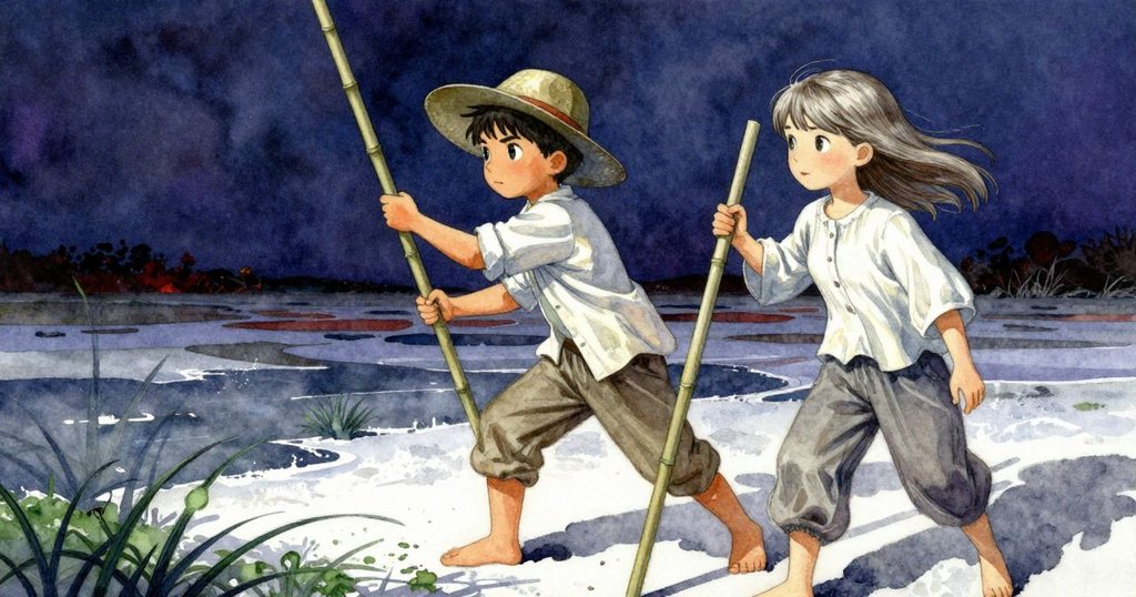 竹竿隨著微風吹動，輕快敲擊牆面，鹽田上投射出變化的陰影，呈現清新戶外氣息