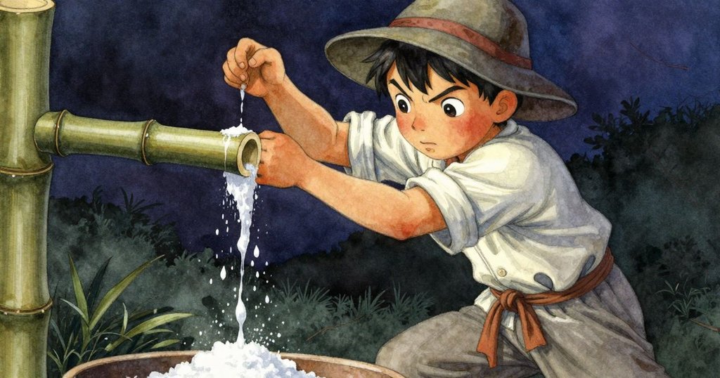 水滴與竹竿同時敲擊，鹽晶激烈顫動，凱倫神情集中調整姿態，展現動態緊張感