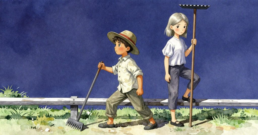 凱倫向奧柏點頭後走回欄杆，木耙直立與桶影交織，鹽田在明亮陽光下閃耀，畫面充滿結局感