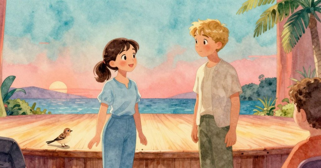 珍妮特在木製舞台準備演奏鼓樂,埃里克在旁觀察,黃昏燈光下雀鳥飛入畫面,帶來期待與神秘氣氛。