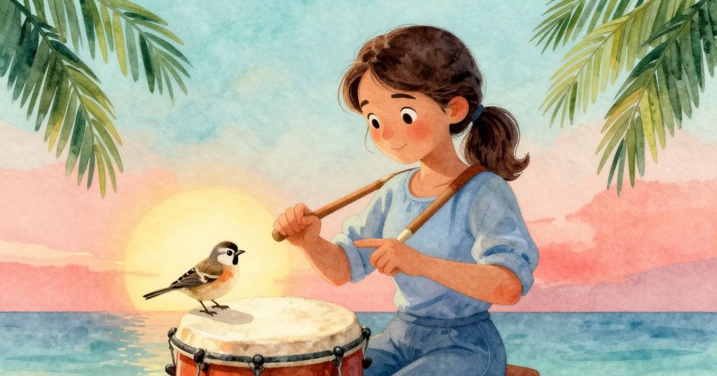 從背後視角看珍妮特擊鼓,她的手正專注觸碰鼓面,雀鳥輕跳靠近,彰顯音樂與自然的和諧。