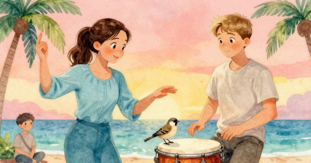 珍妮特停頓間鼓聲漸弱,雀鳥悄然靠近,埃里克靜靜旁觀,呈現音樂與自然共鳴的雙重現實。