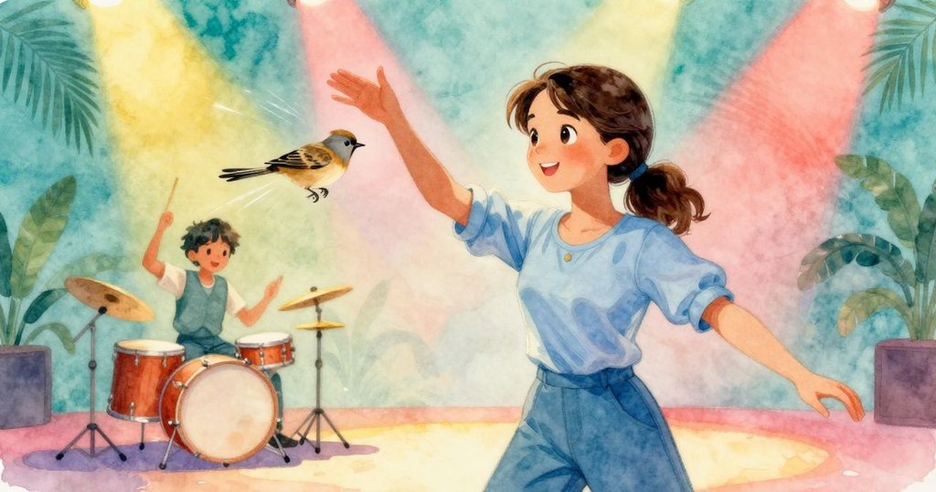 珍妮特動感擊鼓,雀鳥隨韻律活躍跳躍,捕捉音樂節奏與自然偶遇的動態瞬間,充滿生命力與趣味。