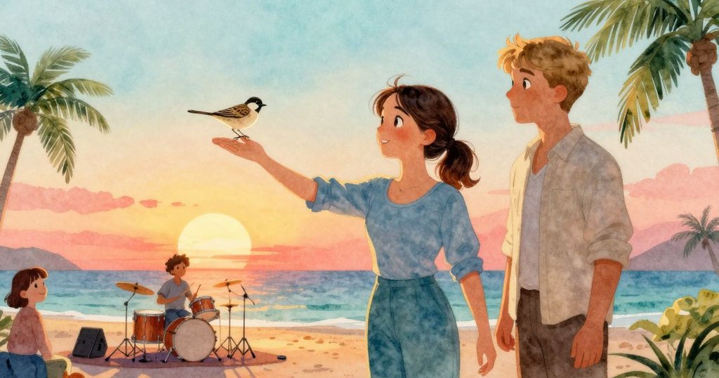 夕陽餘暉映照木舞台,珍妮特輕放鼓棒,雀鳥啄觸水珠,埃里克靜笑呈現和諧演出結束,溫暖而滿足。