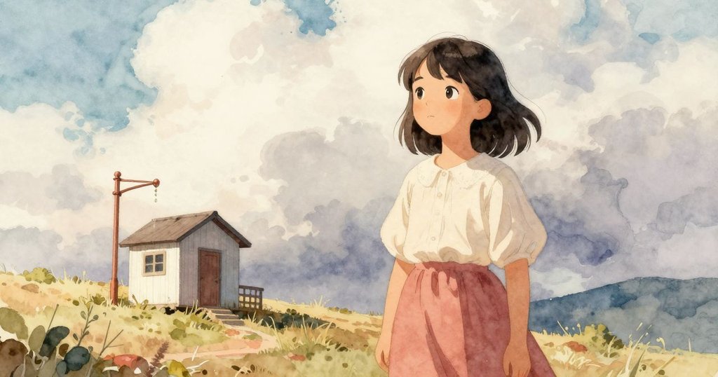 萊諾拉在天氣站內仔細觀察，外面落雨滴與雲影交錯，溫暖陽光與陰影營造出戲劇性效果