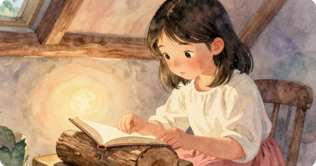 萊諾拉在小屋中專注翻閱日誌，臉上顯露對光影節奏的驚奇與認真，室內充滿溫暖燈光