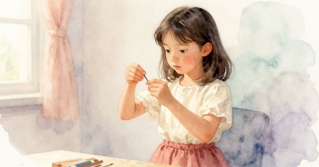 從下方角度拍攝，萊諾拉專注調整儀器，背景中顯現條紋節奏的儀器動作，展現她堅定的神情