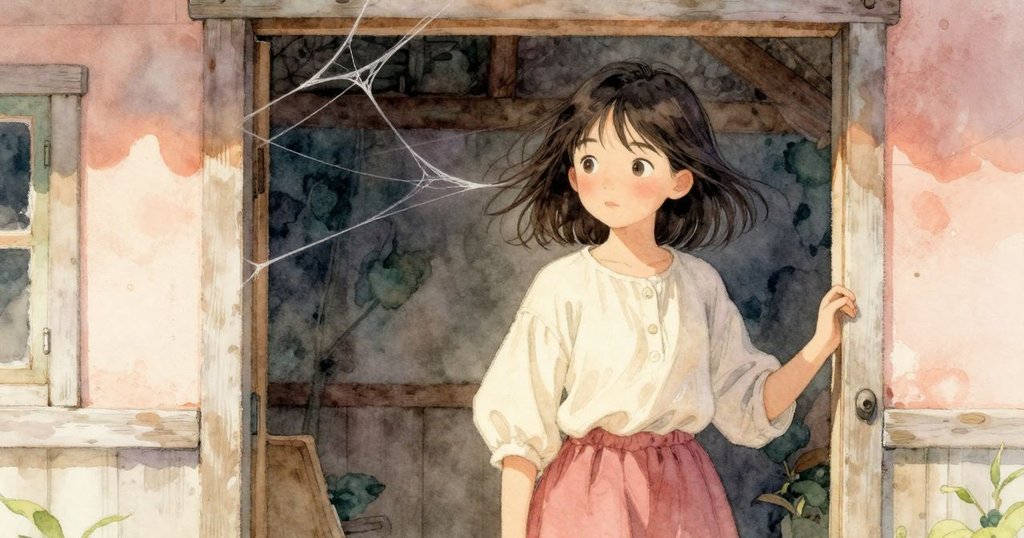 在小屋門口，風使門扉打開，細絲顫動，萊諾拉舉手停頓，表情中流露出對節奏變化的思索與緊張