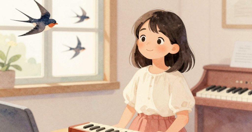 在小屋內溫馨瞬間，萊諾拉露出柔和微笑，窗外燕子嬉戲飛舞，室內外節奏和諧共鳴，充滿喜悅氣氛