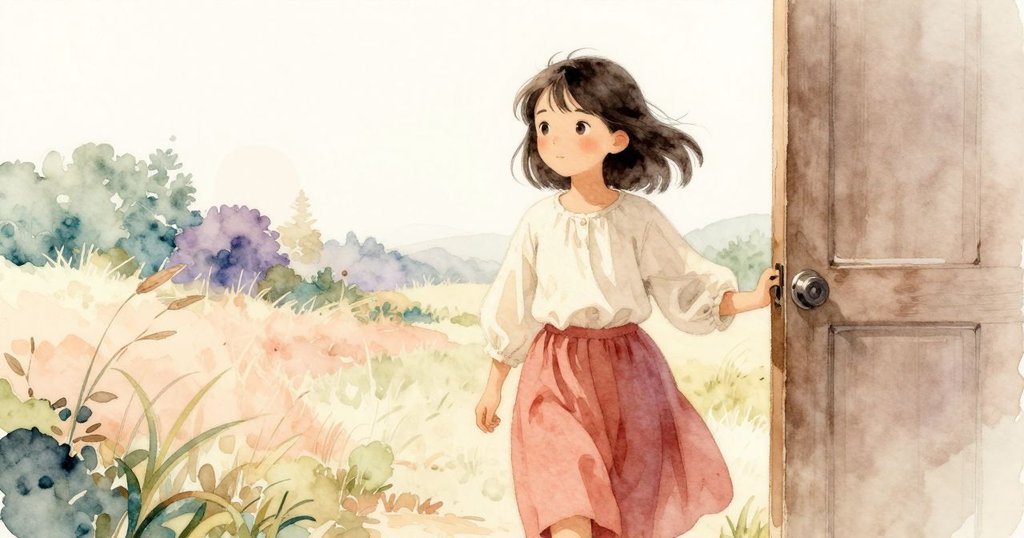 萊諾拉走出小屋，張開雙手迎接自然共振，門外展現柔和戶外景致，呈現溫暖團聚的和諧節奏