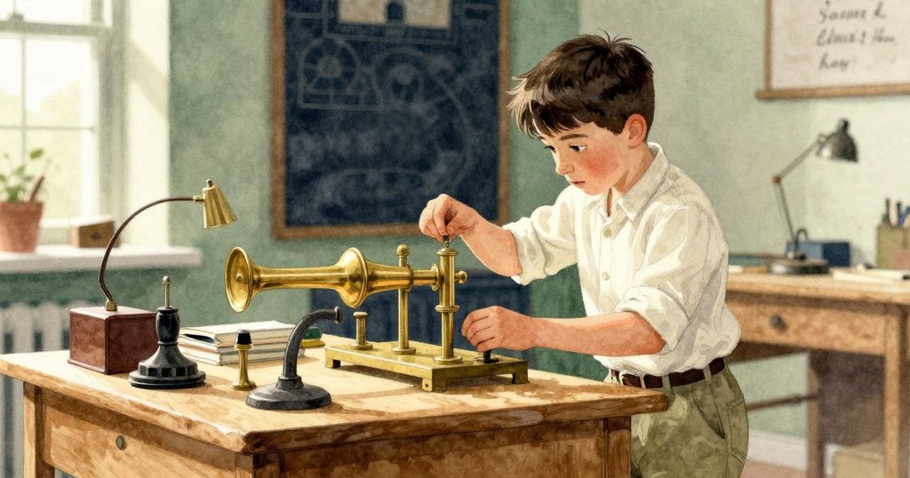 約克走向書房桌邊準備實驗，陽光柔和灑下，動作專注，故事開端充滿期待與平靜。