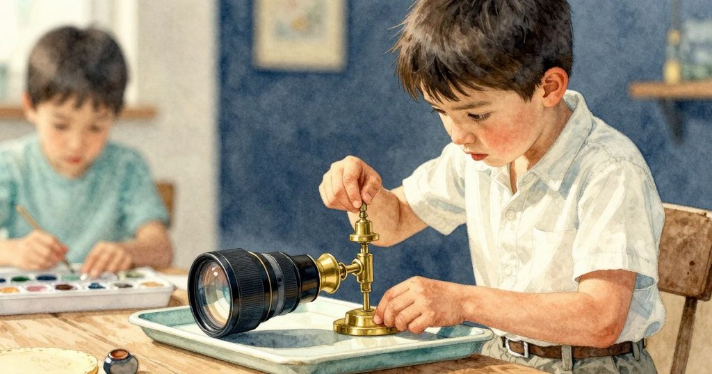 約克用力輕點銅製接頭，放大鏡輕輕滑向托盤，專注的手勢流露出實驗中的細心與耐心。