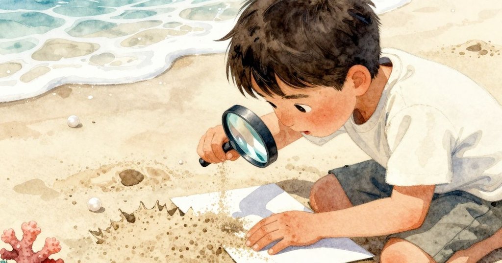 約克在放大鏡下灑河砂於紙上，隨著每粒沙子形成微妙山脊，畫面細膩呈現精彩實驗瞬間。