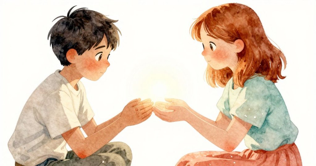 帕洛瑪溫柔走向約克，兩人手心幾近相觸，在柔光反射下傳遞彼此默契與驚奇，情感溫暖展現。