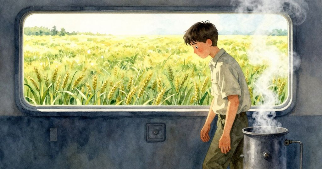 約克收起工具後靜賞窗外金色麥田，蒸汽緩緩上升營造溫馨結局，整體氛圍平和且充滿寧靜感。