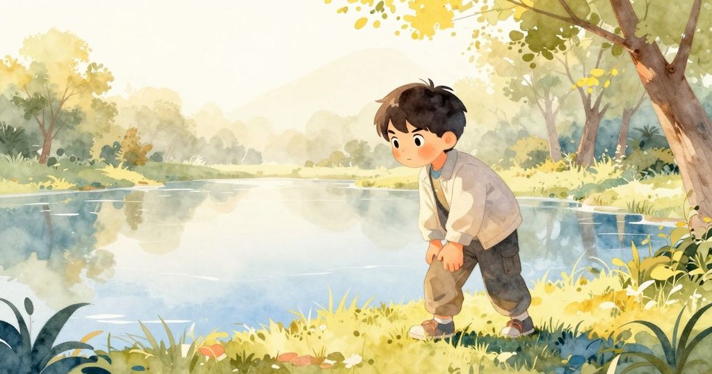 清晨時分，Rafe在冰融的池塘邊停下工作，注視樺樹枝輕敲冰面，神情充滿期待與好奇，展開新冒險。