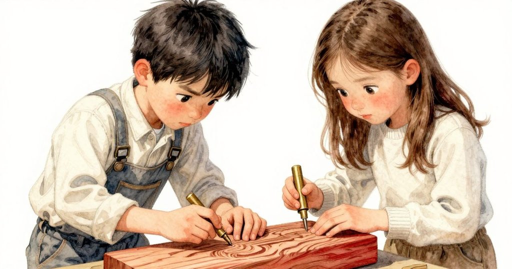 Rafe專注地用銅筆測量雕刻木條的尺寸，他的手在柔和光線下細看古老刻痕，展現精緻工藝與堅韌耐心。