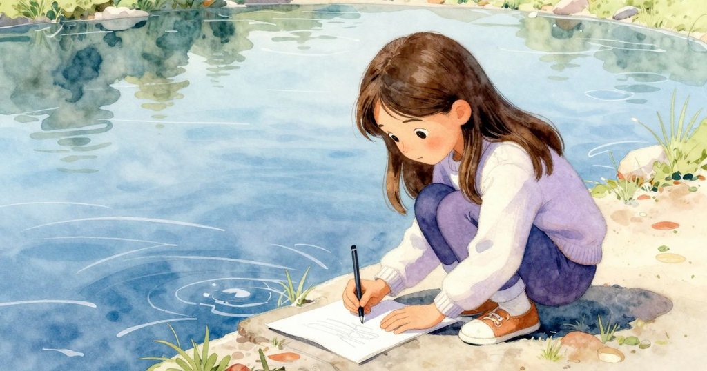 Kit蹲在池塘邊，用筆輕描水面冰裂紋路，露出專注與驚奇，透過細節體會自然融冰的奧妙。