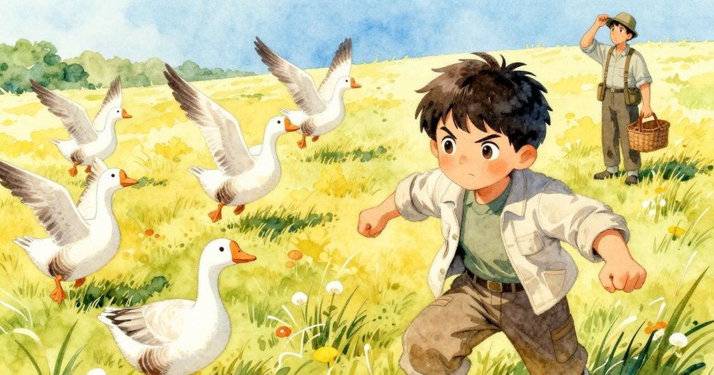 高視角展現一群驚飛的鵝與微笑致意的農夫，Rafe在後追隨，鄉野景致充滿生氣與變化，故事情節進展。