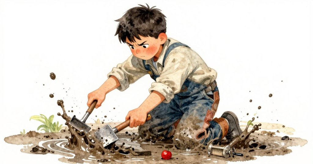 Rafe在工作中遇到困難，泥濘濺起淩亂其工具，手忙腳亂中流露挫折情緒，展現勉力克服挑戰的瞬間。