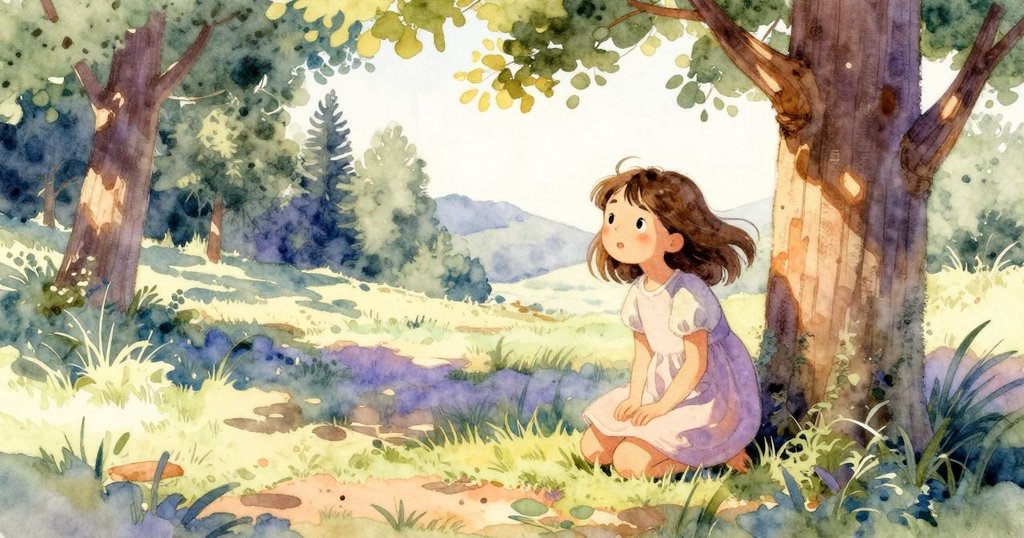 馬貝爾在山谷中蹲下觸摸溫暖雪松柱，微風吹拂周遭，展現初探神秘琴聲情節，眼神充滿好奇。