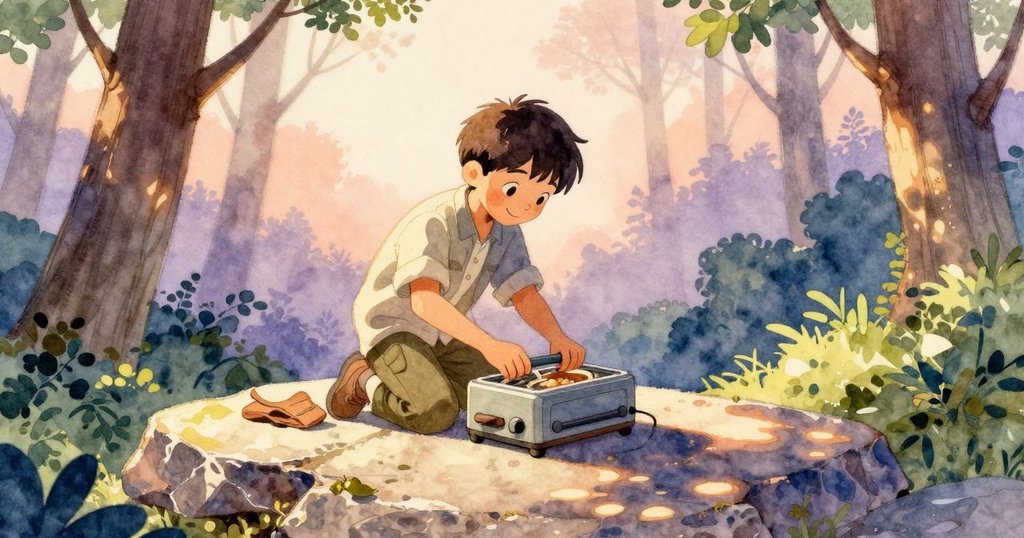 福瑞斯特在石凳旁擺放電烤麵包機，神情輕鬆展現冒險情懷，周遭洋溢溫暖自然光線氛圍。