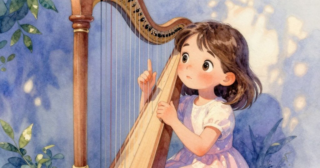 馬貝爾猶豫抬手觸碰琴弦，臉上流露掙扎與好奇，背景呈現光影斑駁展現內心矛盾。