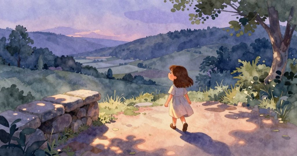 傍晚微涼中，馬貝爾離開石凳，放下半片麵包，背景琴聲悠遠，展現沉思與未完故事情懷。