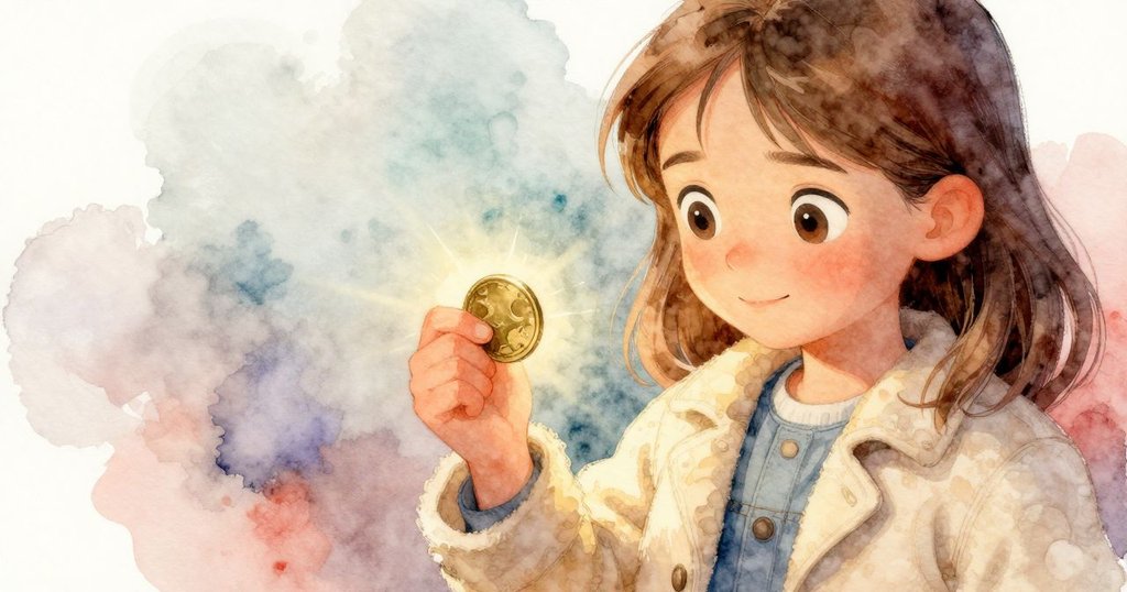 Sylvie仔細地檢查著手中歷經歲月的黃銅硬幣,背景隱約呈現遊戲機溫暖光芒,充滿期待感