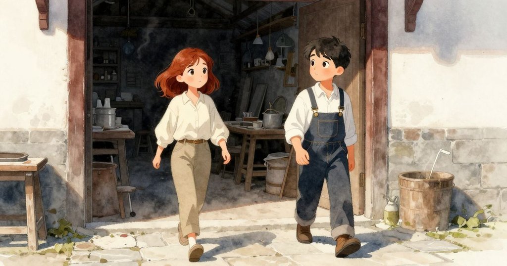 Xanthe 與 Yannick 走進工作間，晨光照耀下展現石板鋪地，兩人神情期待，開始一天的創作探索