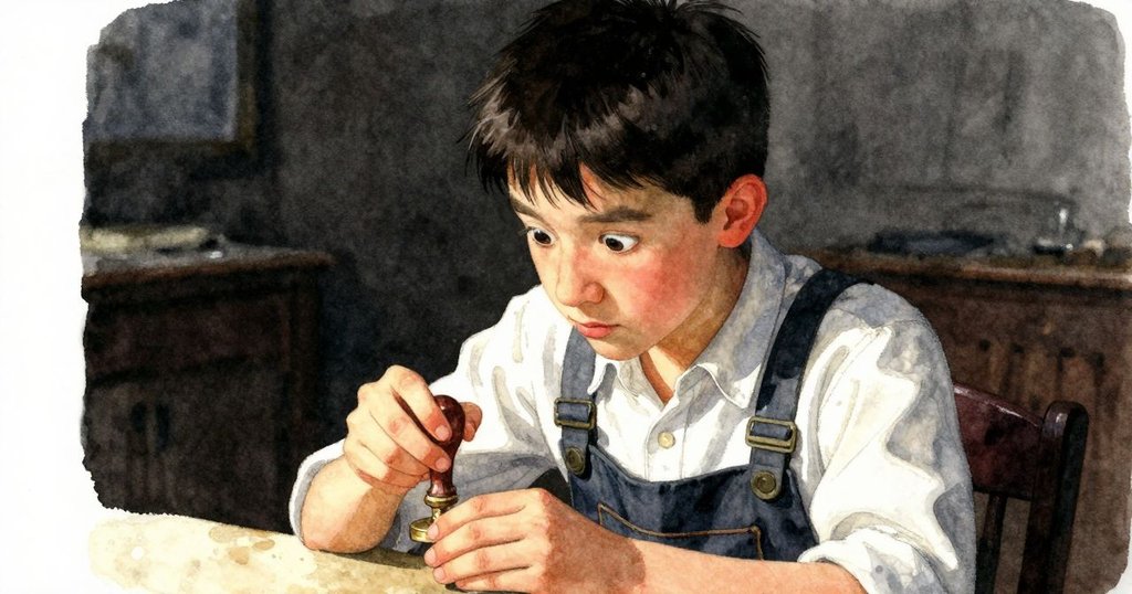 Yannick靠近銅印章仔細觀察，面部流露出好奇神情，室內柔和燈光映襯出細膩質感