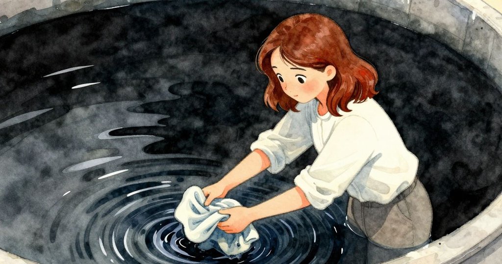 Xanthe輕柔按壓後將布料投入蕩漾靛藍染液中，室內環境氛圍寧靜，細膩動態展現創作過程