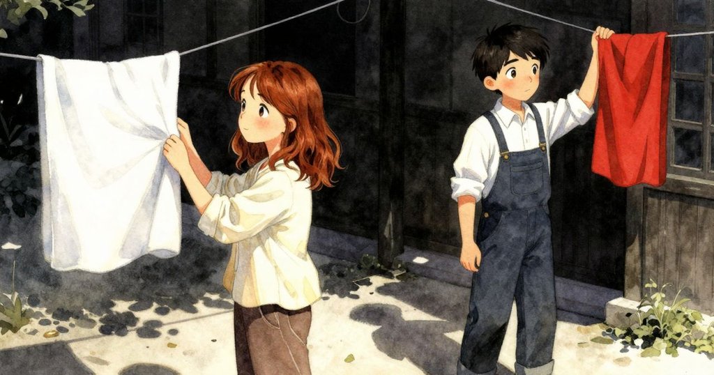 Yannick掛起滴水布料走向敞亮庭院，Xanthe輕點首表示認同，夕陽映照石板營造溫馨結局