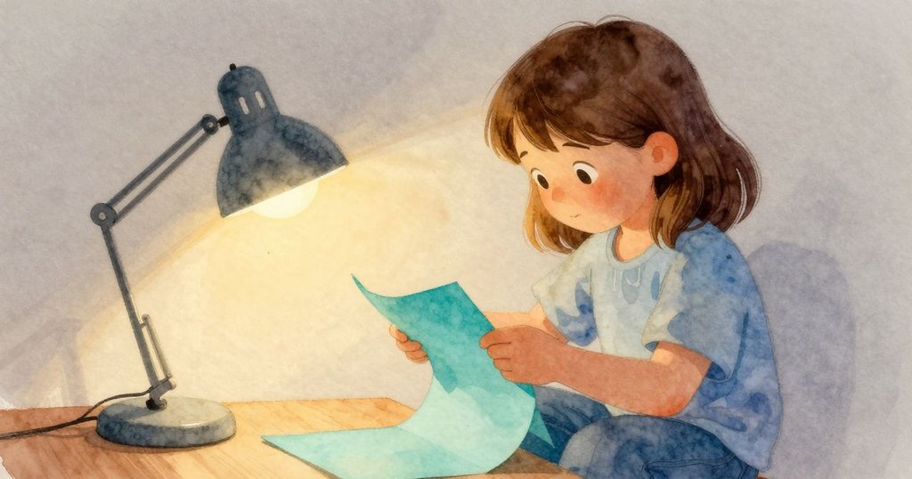 瑪貝爾在晨光中用桌燈下摺紙,專注動作,書房中溫暖光影交錯,故事剛開始展開