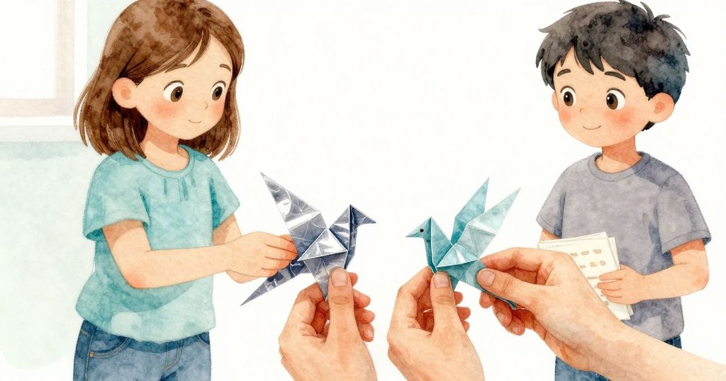 瑪貝爾的手輕觸桌上整齊鶴與未完成折紙鳥,紙面細膩摺痕展現變化,故事進入細節描述