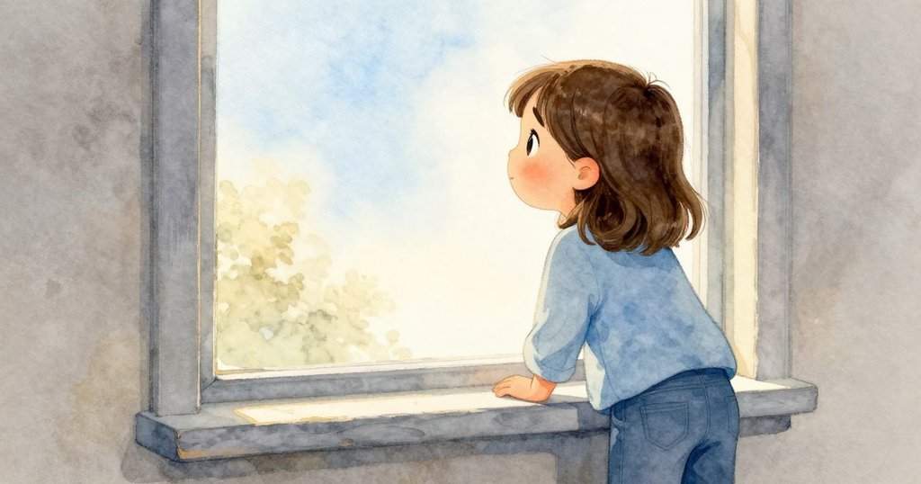 瑪貝爾站在窗邊凝望明亮晨光,表情充滿驚奇,室內與自然光交織展現故事發展