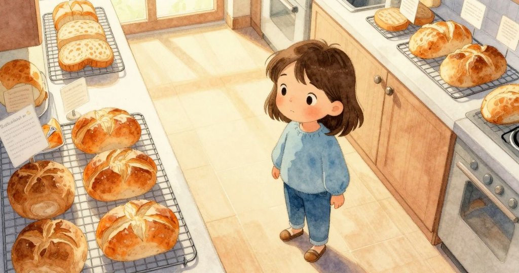 從高角度俯視廚房走廊,瑪貝爾擺放新鮮烤麵包與信件陳列,溫暖晨光襯托日常情節