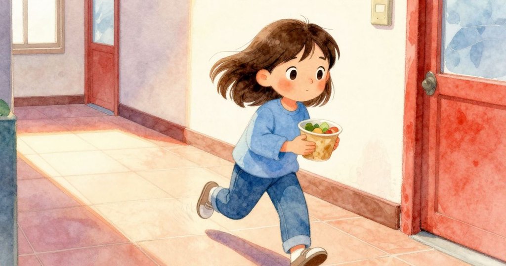 瑪貝爾在瓷磚走廊中急速前行,抱著烤麵包步伐輕快,動態姿態表現急促早晨家務情景