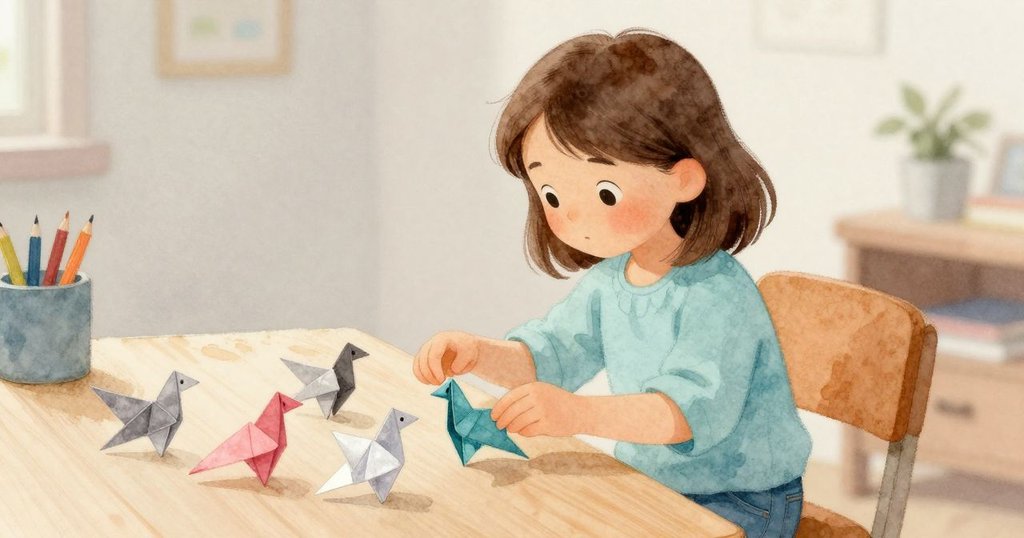 瑪貝爾回到書房凝視變化後融合的摺紙鳥,柔和光影映襯她滿足與沈思,故事留白引人深思