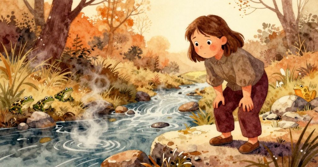 Lena站在陽光灑落的石旁,凝視帶泥跡的皮手套,水面冒著輕霧,蟾蜍圍繞河岸,展現故事開端