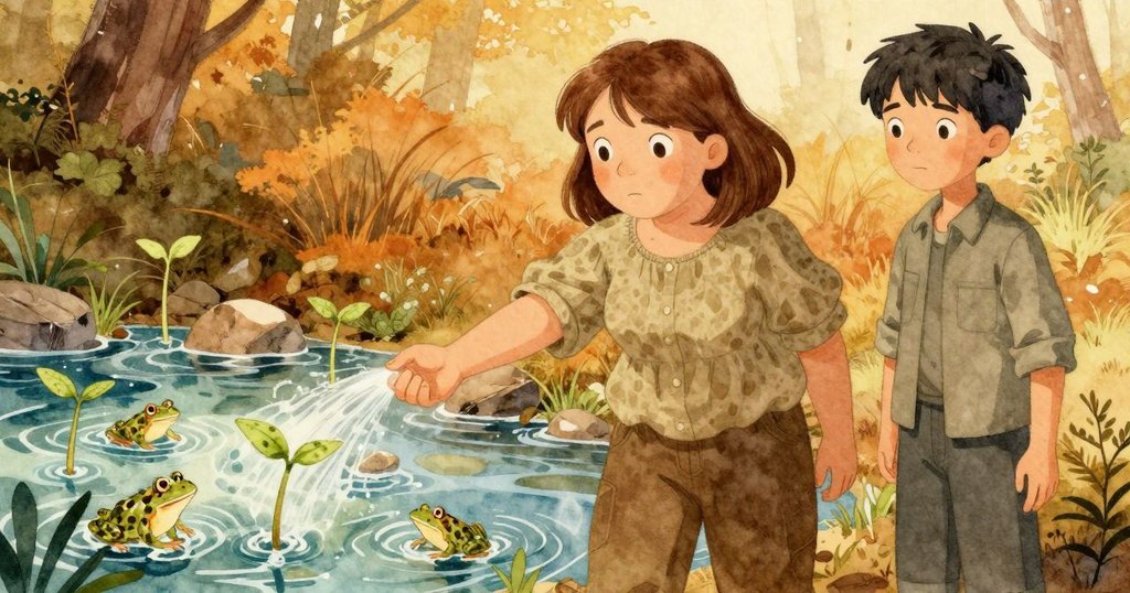 從Lena視角呈現流動水面,青蛙跳躍於岸邊,幼苗隨風搖曳,充滿生機與動態感