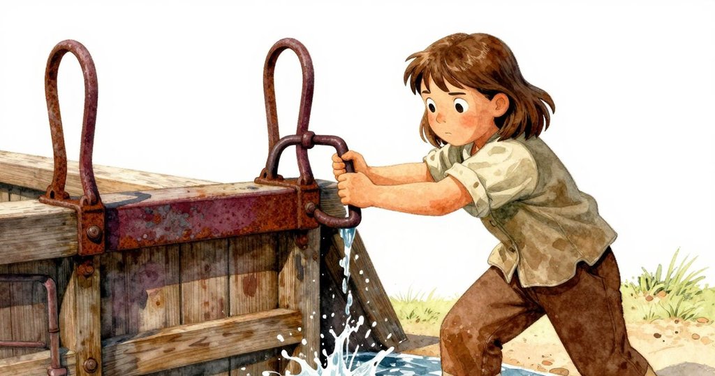 Lena奮力拉動生鏽的木閘門,鐵把產生微晃,水花四濺,展現她堅定與努力的動作