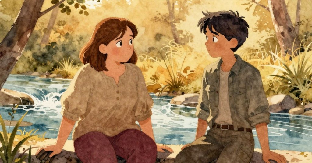 Lena與Ronan在流水邊默契點頭,Lena留下一隻手套作守護,陽光柔和映照出彼此理解的情感