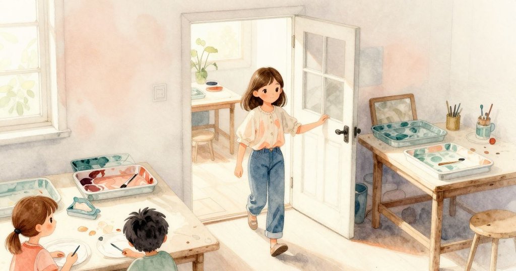 烏拉推門進入工坊，步入布滿家人和桌子，溫暖寧靜的室內場景，展現開始探索藝術的情景