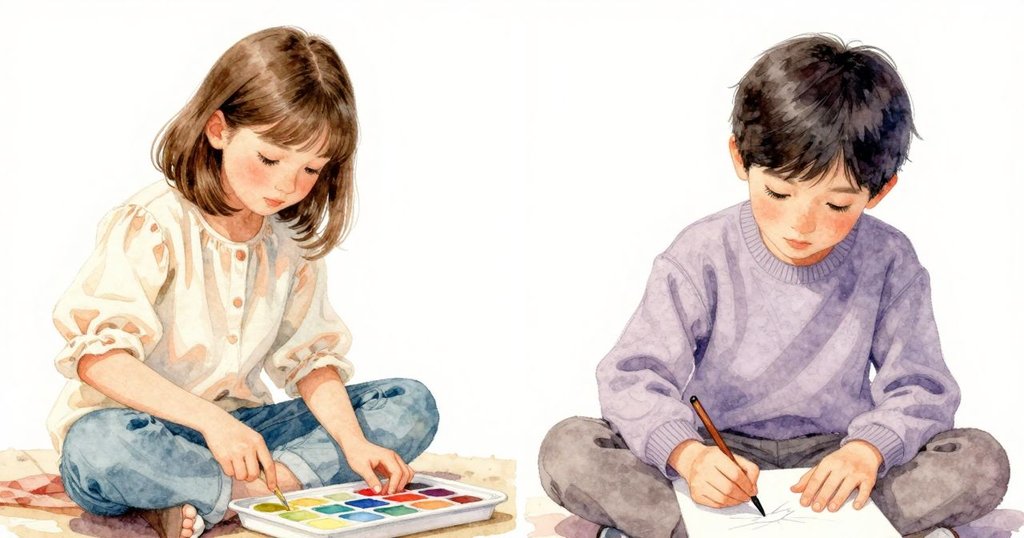 烏拉專注於調色盤的色彩擴散，同時傑斯帕靜靜記錄色彩，展現創作合作的動態過程