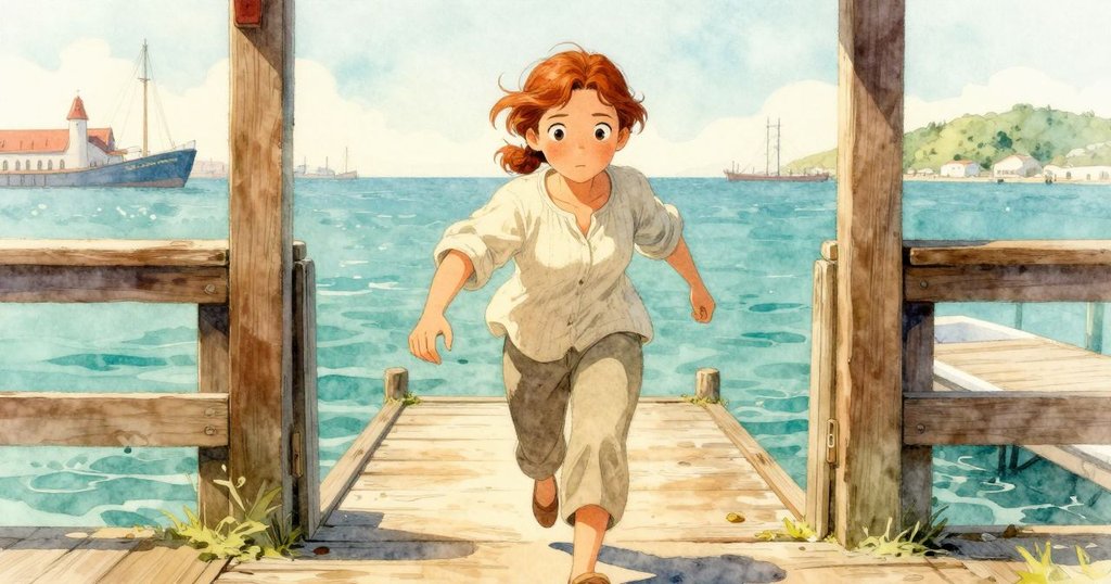 Poppy正穿過碼頭入口，步伐輕盈，背景呈現海港與石板路，神情充滿好奇與期待