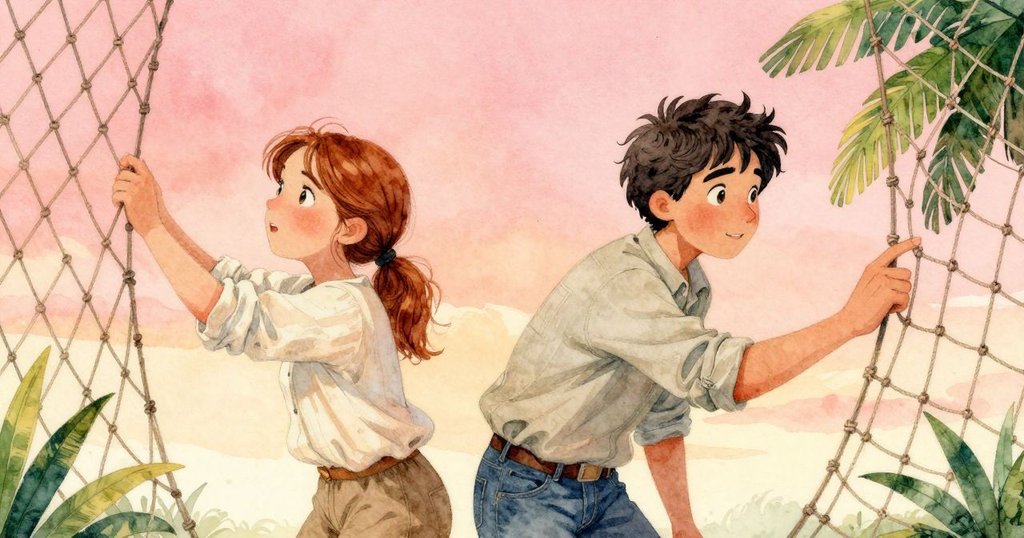 特寫畫面中，Poppy的手按在受損的繩網上，細節清晰呈現繩索紋理與重錘靜置的對比，溫暖光線映襯